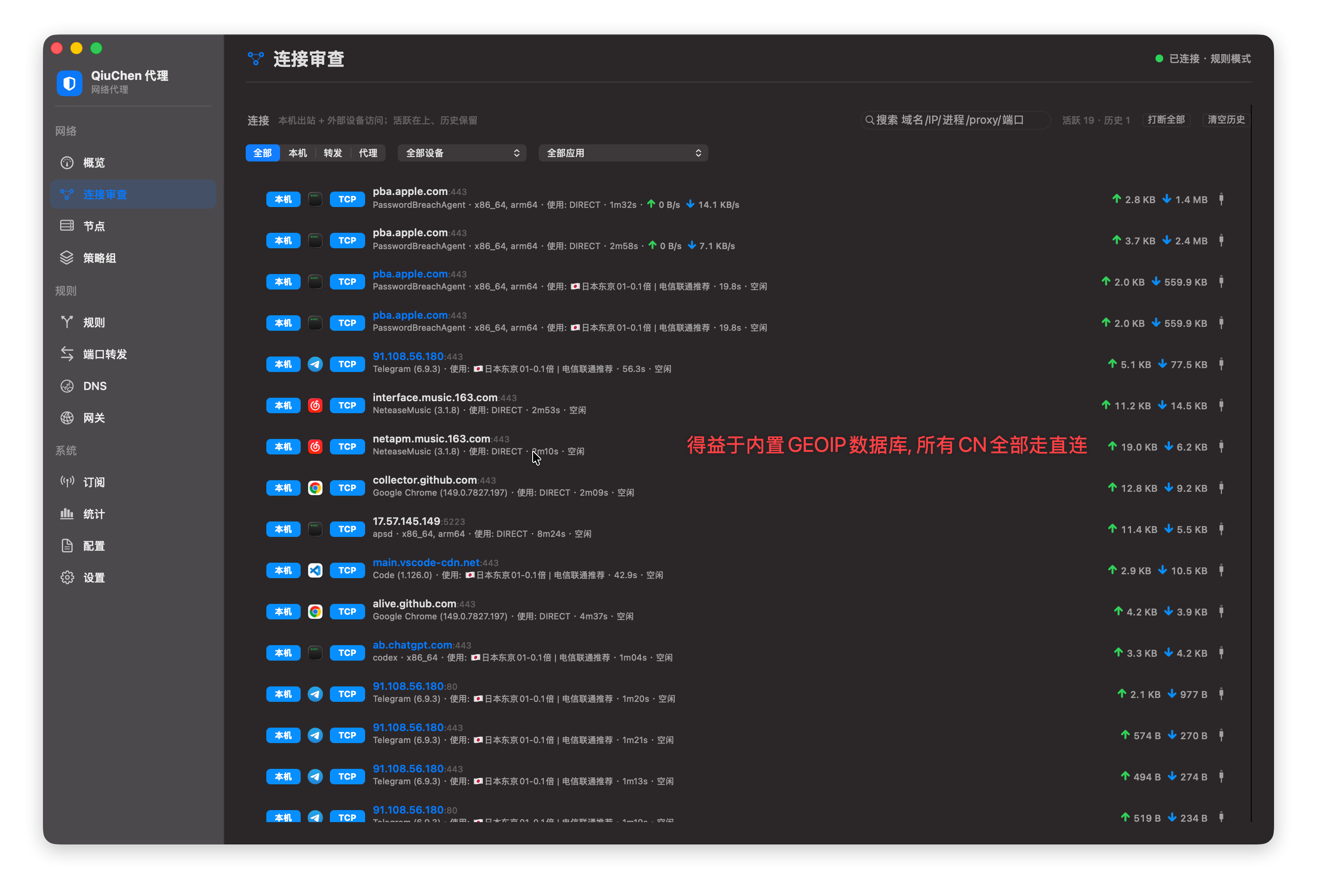 Connection Inspection: real-time connection list with GEOIP direct connect